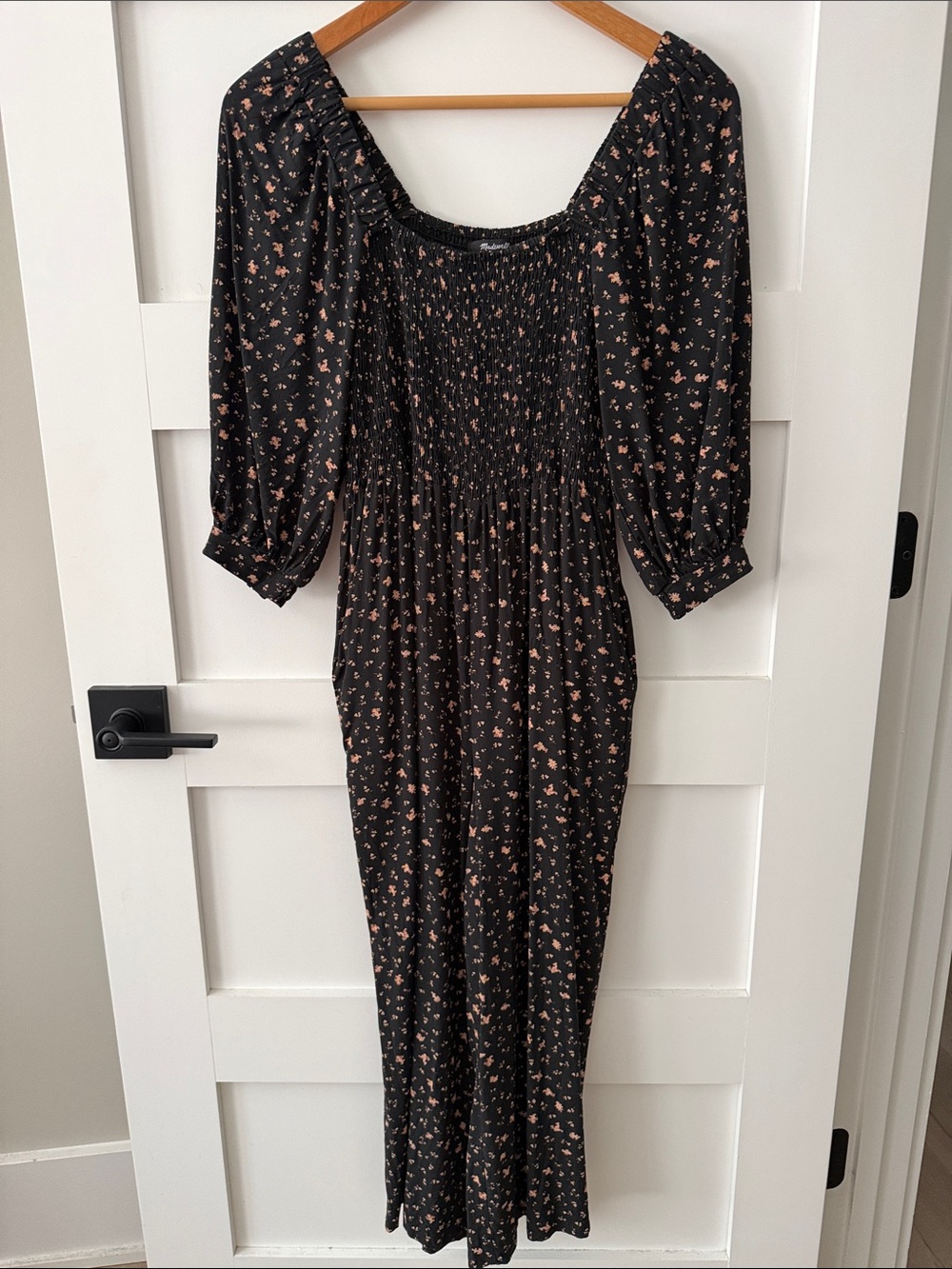Madewell | Lucie Elbow-Sleeve Smocked Wide-Leg Jumpsuit | Black | 00